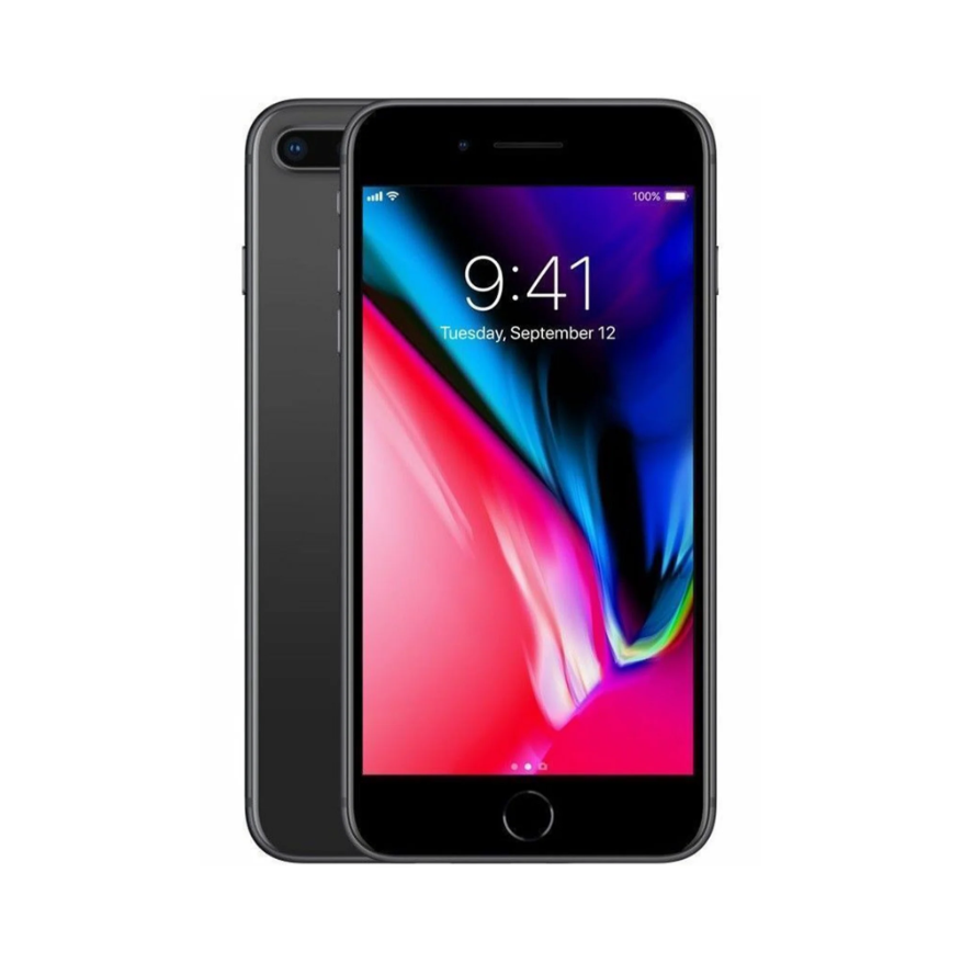 iPhone 8 Plus Reacondicionado en color negro, con cámara dual de 12 MP y chip A11 Bionic.